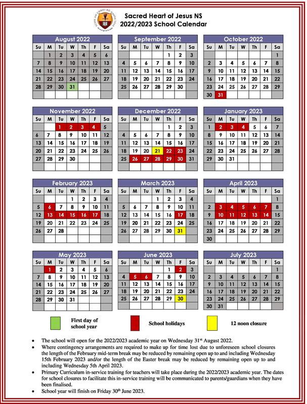 School Calendar and Holidays - Scoil an Chroí Ró Naofa Íosa